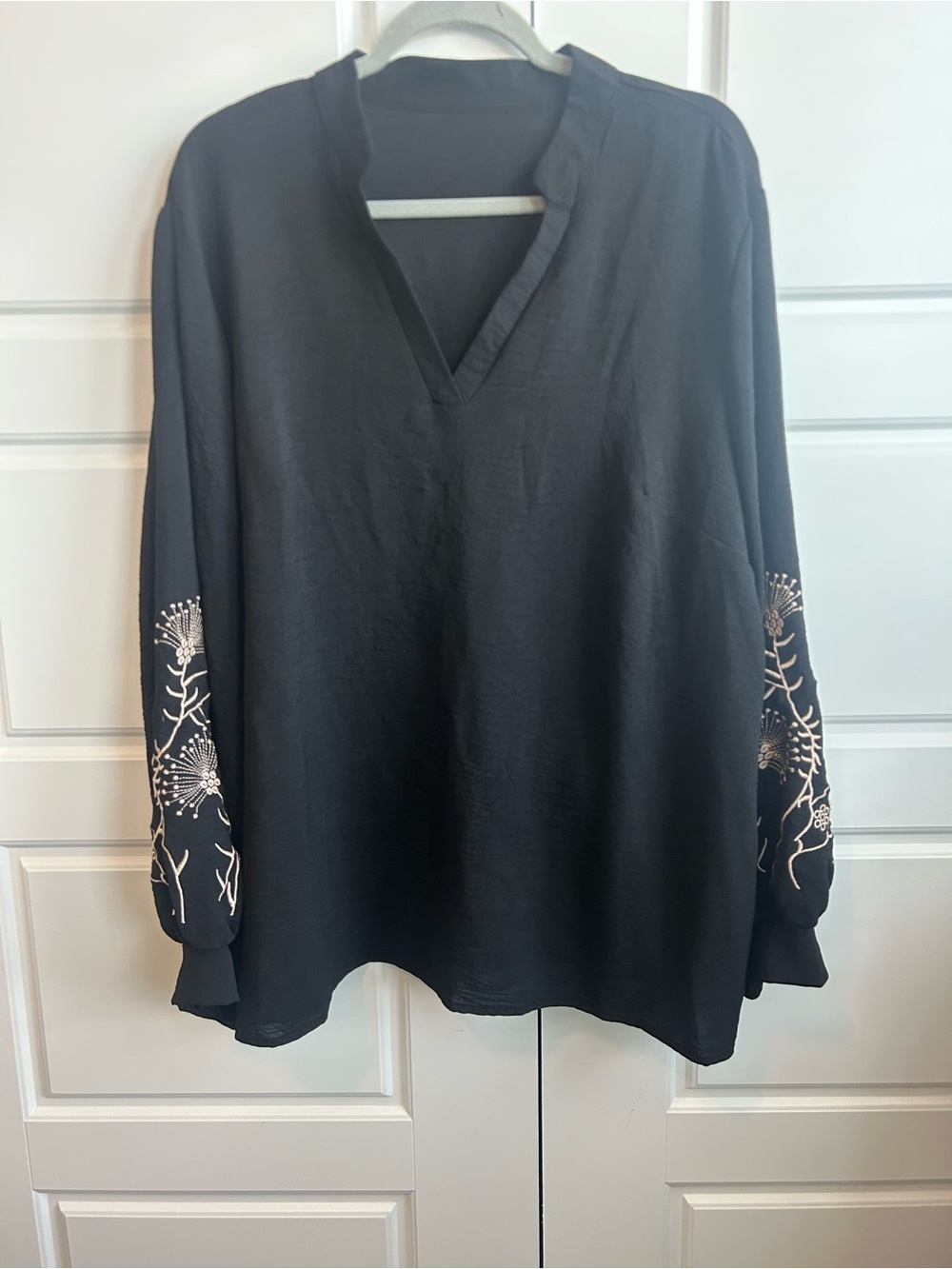 Black Blouse with Cream Floral Embroidery Sleeves